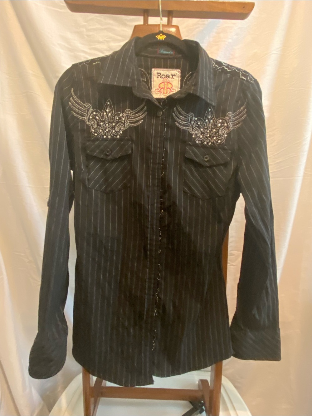 Roar Black Pinstripe Shirt with Embroidered Wing Accents